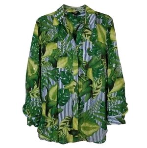 Lord & Taylor Women's Button Long Sleeve Blouse Petite Sz L Strip Tropical Print